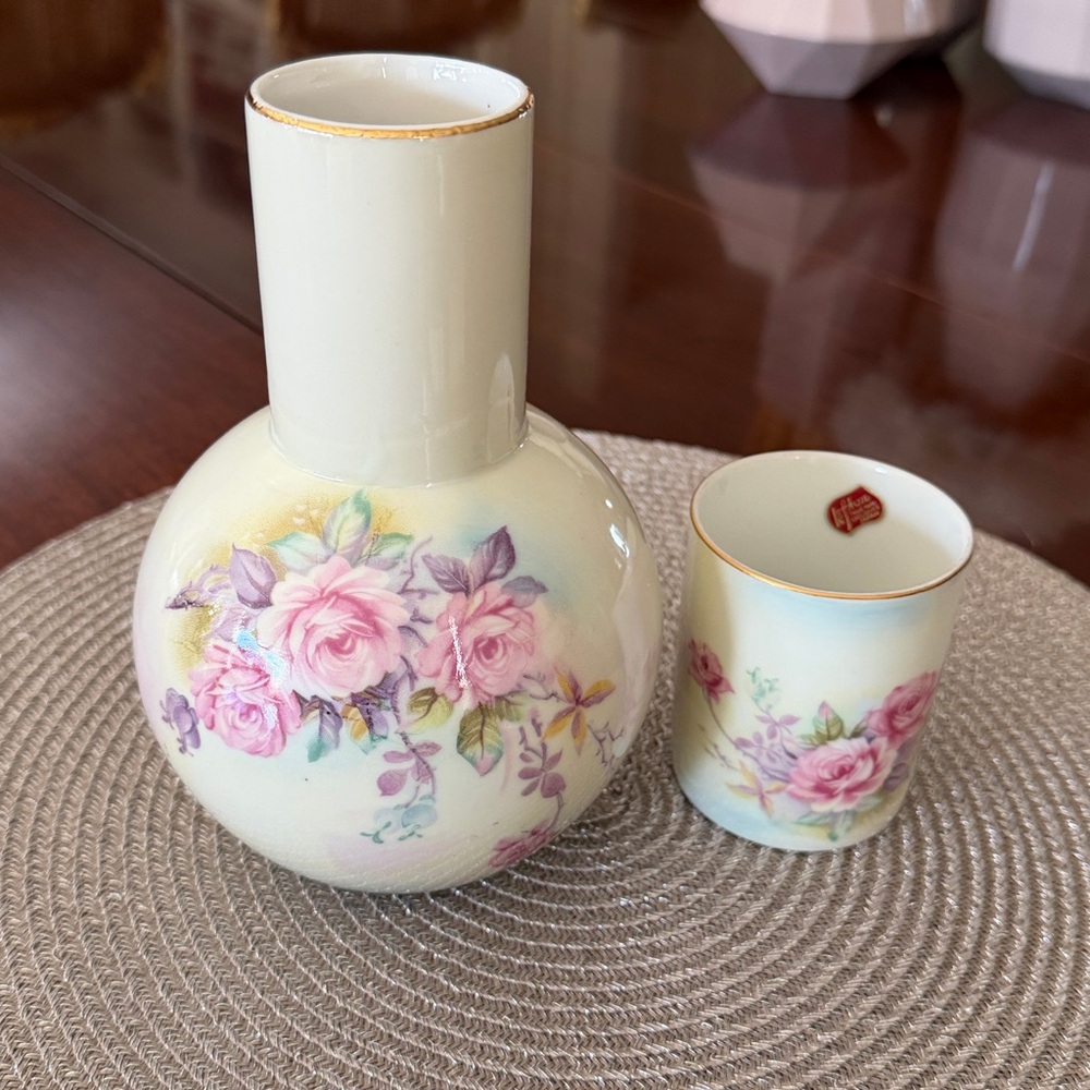 Vintage Floral Ceramic Vase or water pitcher with cup to cover the top - Picture 3 of 5